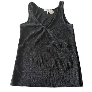 Three Dots Mettalic V Neck Crinkle Tank with lace insert NWT size XS raw hem